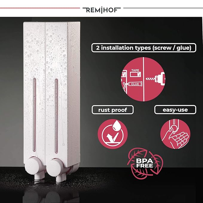 Wall Mounted Shower Dispenser 500ml 2 Chamber White Soap Holder