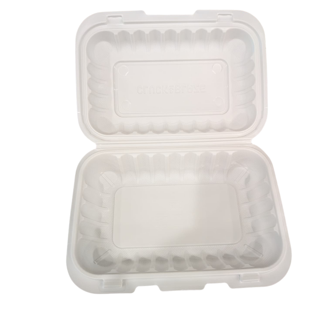 9" x 6" Microwave-Safe White Mineral-Filled Plastic Hinged Take-Out Container, Single Compartment – 150-Pack