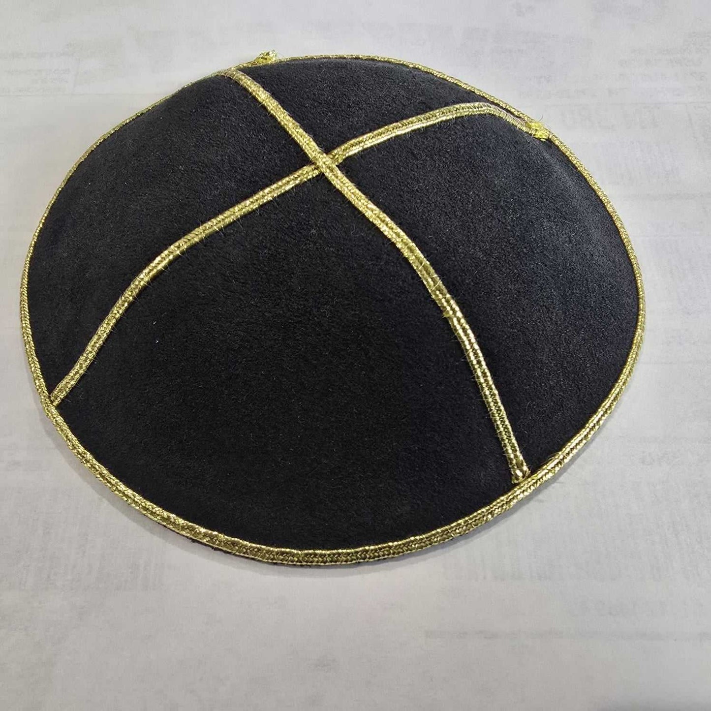 Black Suede Leather Kippah with Gold Trim, 14cm Jewish