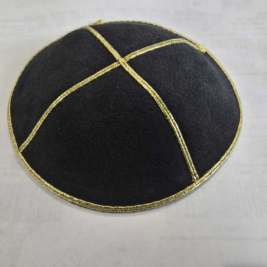 Black Suede Leather Kippah with Gold Trim, 14cm Jewish