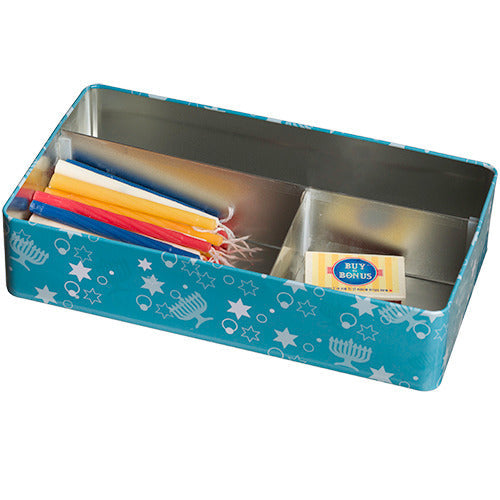 Tin Elegant Menorah Box 23×12 cm – Blue Chanukah Gift Box