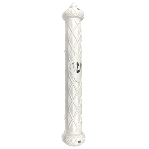 Plastic White Mezuzah With Rubber Cork 12 Cm- "crown And Diamond" With Silver Shin (Copy)