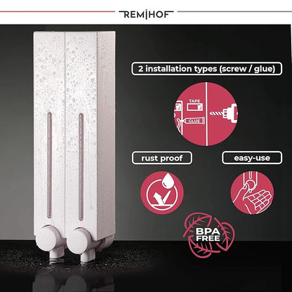 Wall Mounted Shower Dispenser 500ml 2 Chamber White Soap Holder