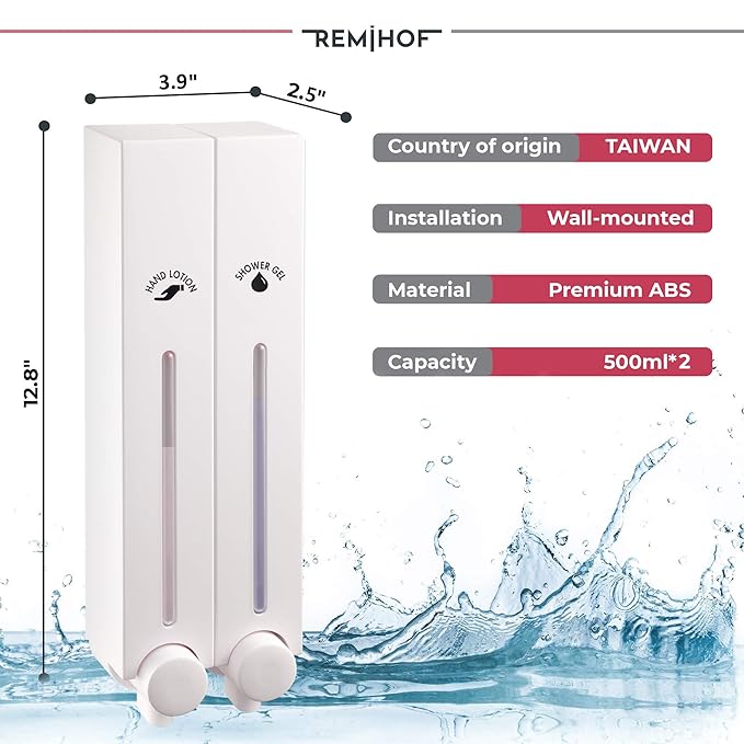 Wall Mounted Shower Dispenser 500ml 2 Chamber White Soap Holder