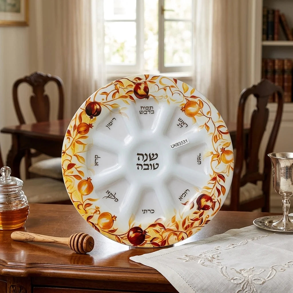 Elegant Glass Rosh Hashanah Plate – Pomegranate Design  35cm