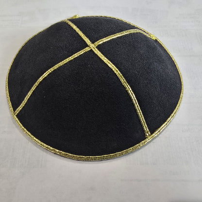 Black Suede Leather Kippah with Gold Trim, 14cm Jewish