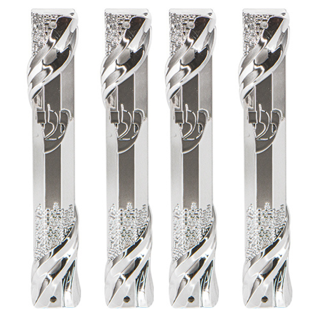 Plastic Mezuzah With Rubber Cork 12 Cm- Jerusalem Theme In Silver