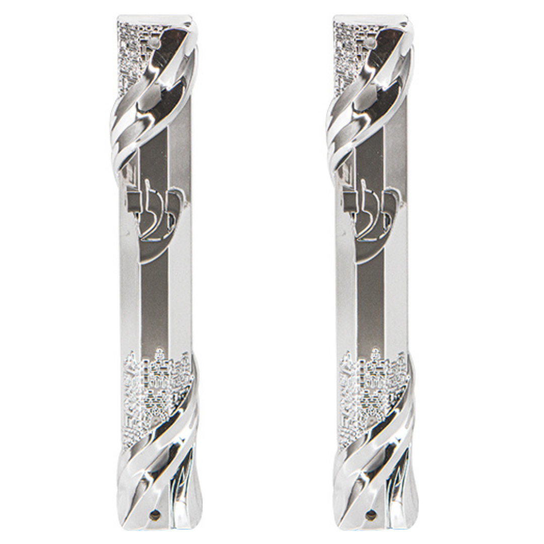 Plastic Mezuzah With Rubber Cork 12 Cm- Jerusalem Theme In Silver