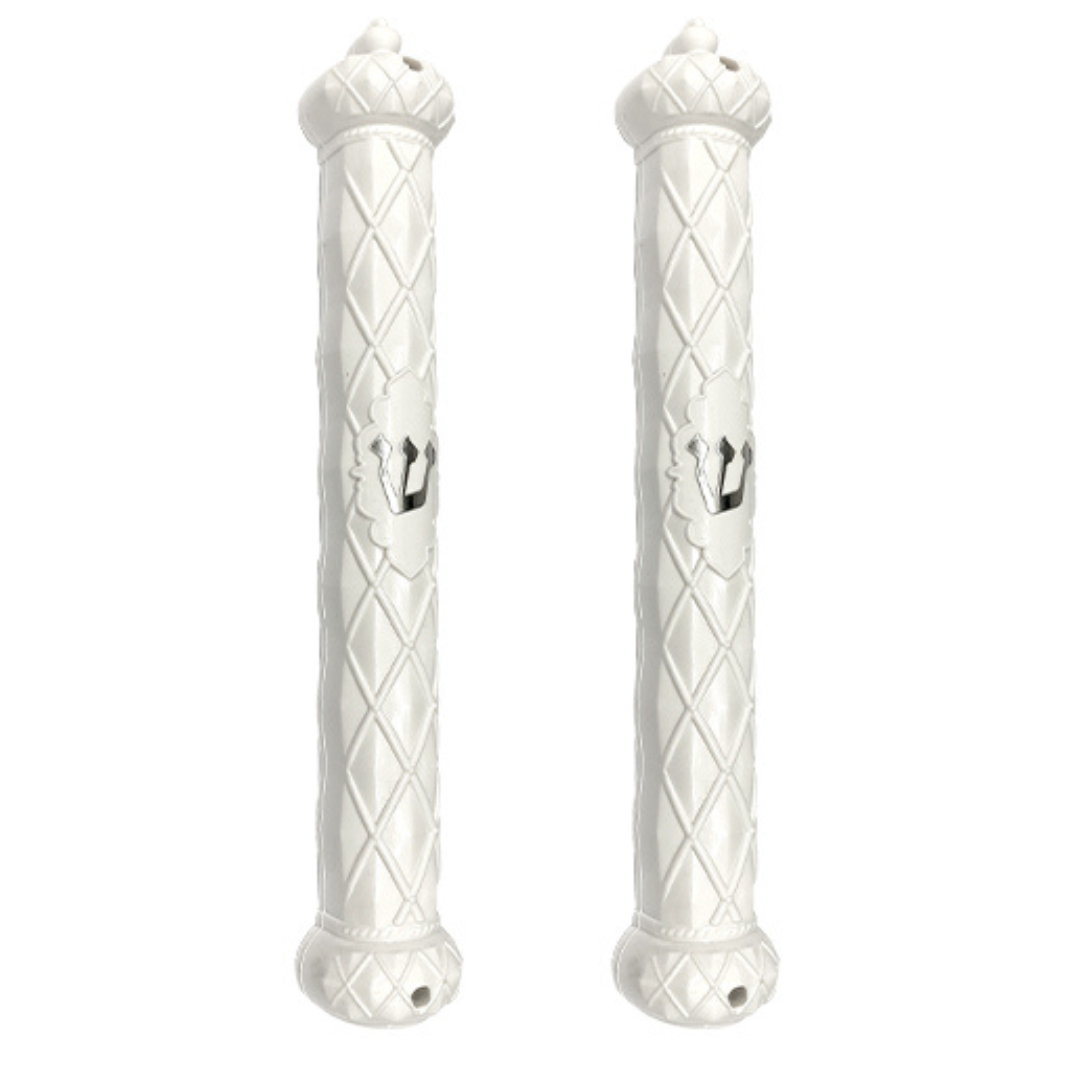Plastic White Mezuzah With Rubber Cork 12 Cm- "crown And Diamond" With Silver Shin (Copy)