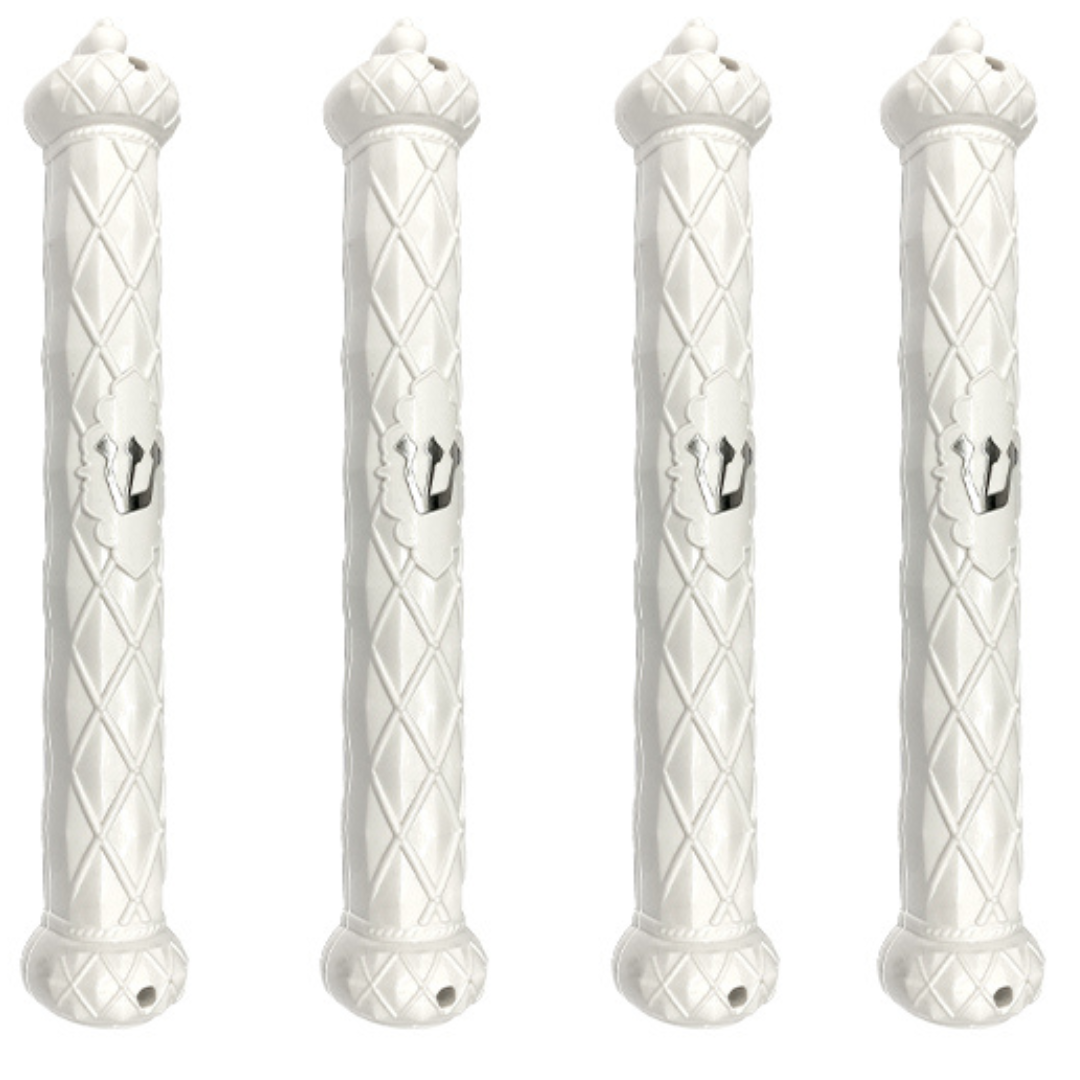 Plastic White Mezuzah With Rubber Cork 12 Cm- "crown And Diamond" With Silver Shin (Copy)
