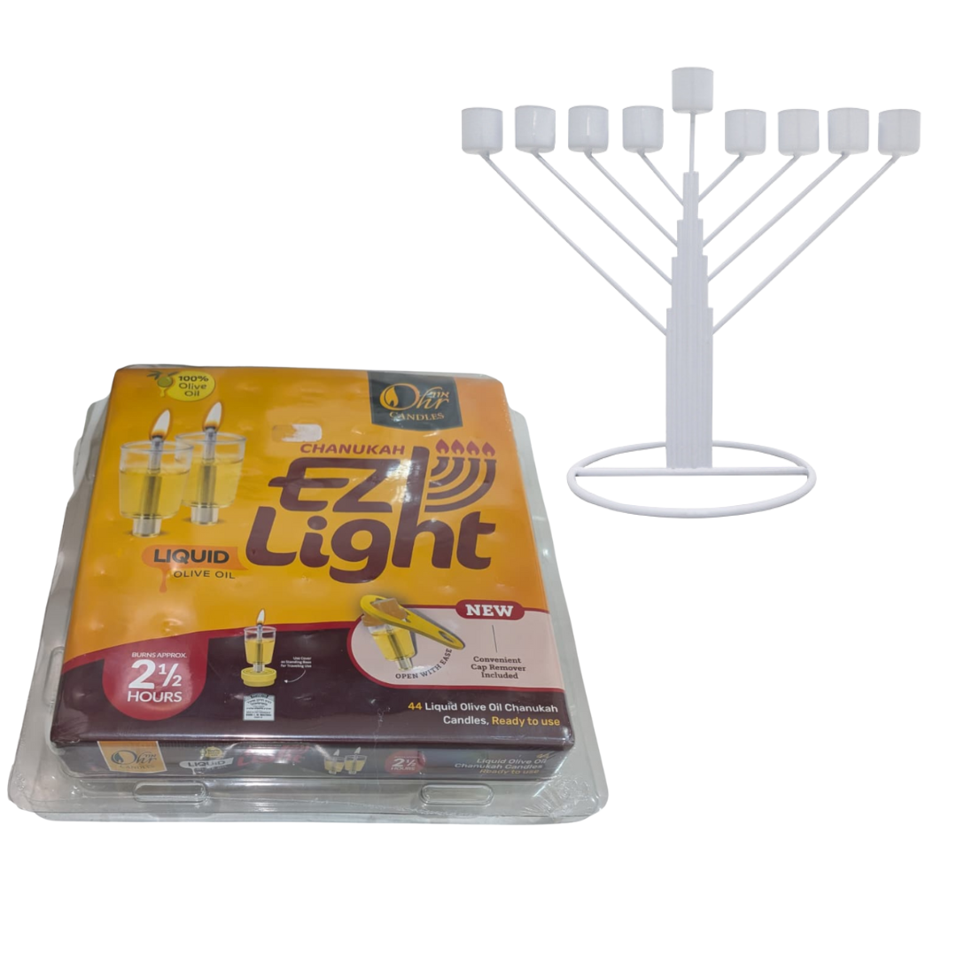 Chanukah Menorah – White Tin Design with 44 Ready-to-Use Liquid Olive Oil Cups