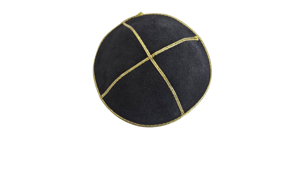 Black Suede Leather Kippah with Gold Trim, 14cm Jewish