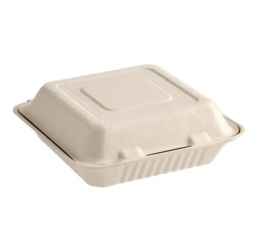 Clamshell Take Out Food Containers 9x6 | 8x8 – 1 or 3 Compartment | 200 ct Natural Biodegradable Bagasse To Go Containers Kosher Certified