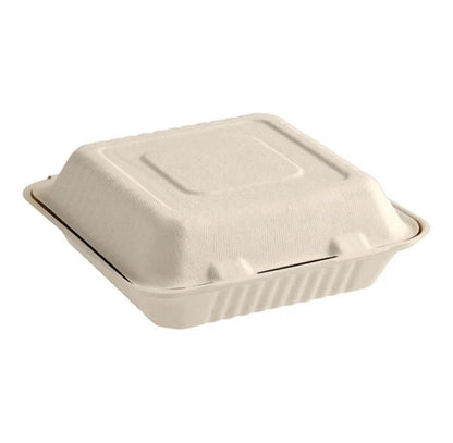 Clamshell Take Out Food Containers 9x6 | 8x8 – 1 or 3 Compartment | 200 ct Natural Biodegradable Bagasse To Go Containers Kosher Certified