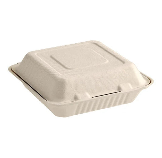 Clamshell Take Out Food Containers 9x6 | 8x8 – 1 or 3 Compartment | 200 ct Natural Biodegradable Bagasse To Go Containers Kosher Certified