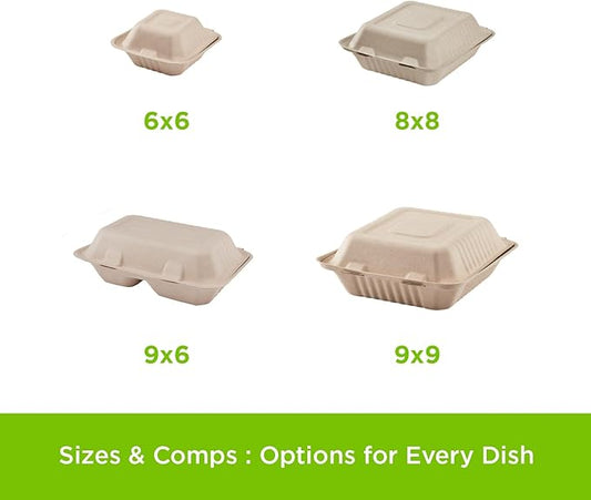 Kosher Certified Clamshell Take Out Food Containers 8x8 – 1 or 3 Compartment | 200 ct Natural Biodegradable Bagasse To Go Containers