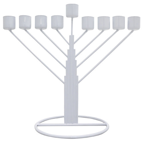 Chanukah Menorah – White Tin Design with 44 Ready-to-Use Liquid Olive Oil Cups