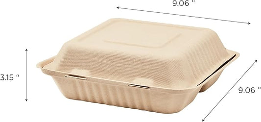 Kosher Certified Clamshell Take Out Food Containers 8x8 – 1 or 3 Compartment | 200 ct Natural Biodegradable Bagasse To Go Containers