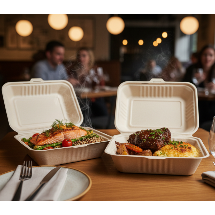 Clamshell Take Out Food Containers 9x6 | 8x8 – 1 or 3 Compartment | 200 ct Natural Biodegradable Bagasse To Go Containers Kosher Certified