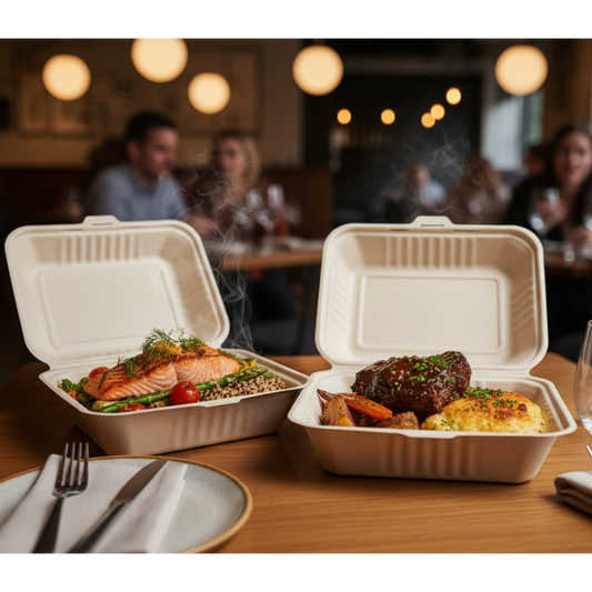 Clamshell Take Out Food Containers 9x6 | 8x8 – 1 or 3 Compartment | 200 ct Natural Biodegradable Bagasse To Go Containers Kosher Certified