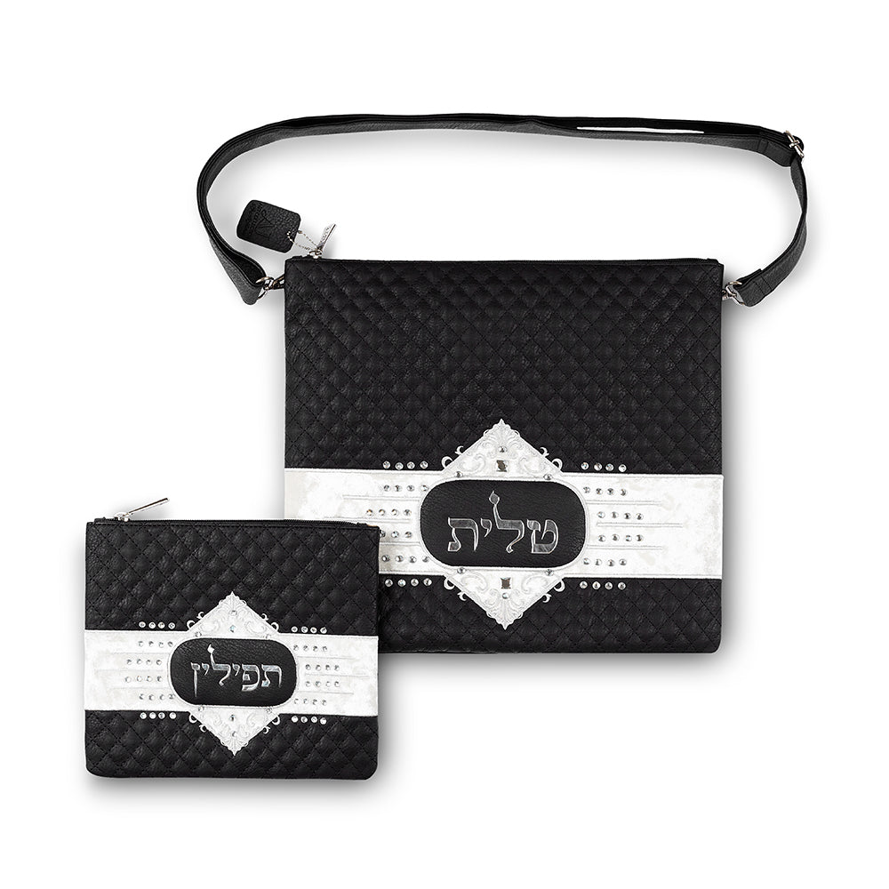 Talit Tefilin Set with Handles Black,Embossed Letters faux leather
