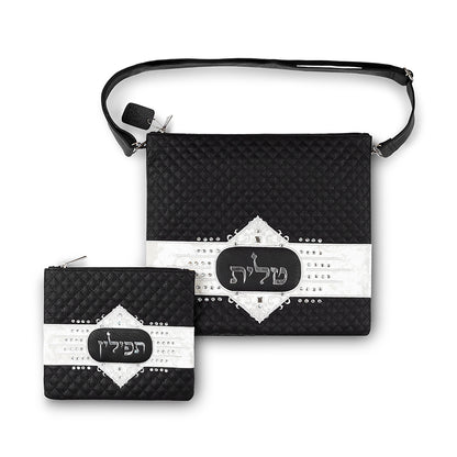 Talit Tefilin Set with Handles Black,Embossed Letters faux leather