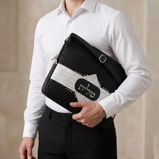 Talit Tefilin Set with Handles Black,Embossed Letters faux leather